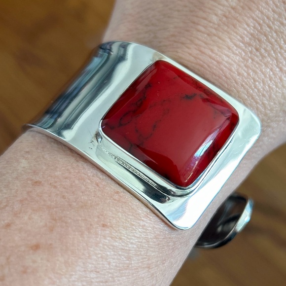 Vintage Sterling Silver and Jasper Cuff Bracelet Gorgeous Statement - Picture 1 of 9